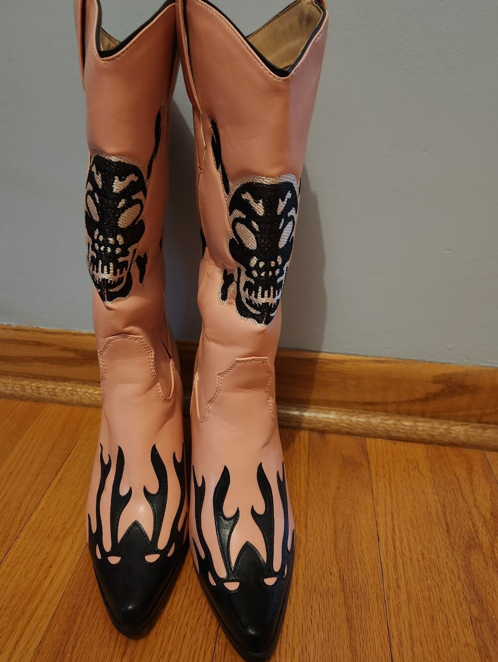 Pink Kiss Rock N Roll Western Boots with Black Flame Skull Dolls Kill 7